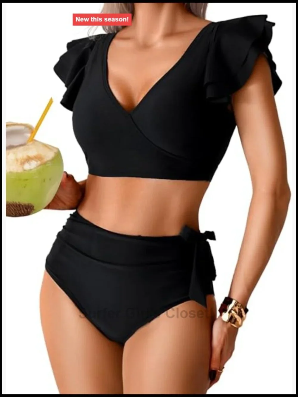 High Waisted 2 Piece Bikini Set, Tummy Control Ruffle V Neck Full Coverage